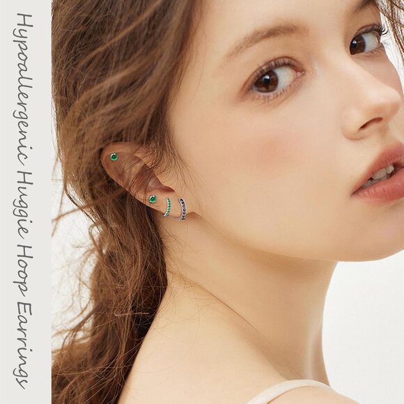 7 Pairs Surgical Steel Flat Back Stud and Huggie Hoop Earrings for Sensitive Ear - Picture 3 of 7